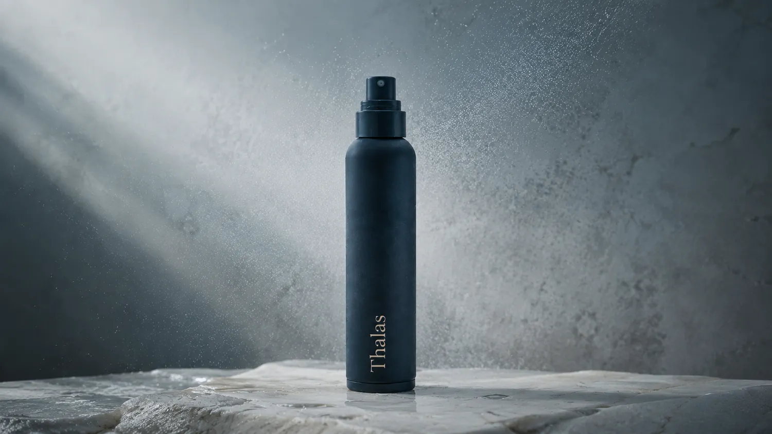 The Thalas bottle lit by a shaft of cold light on stone