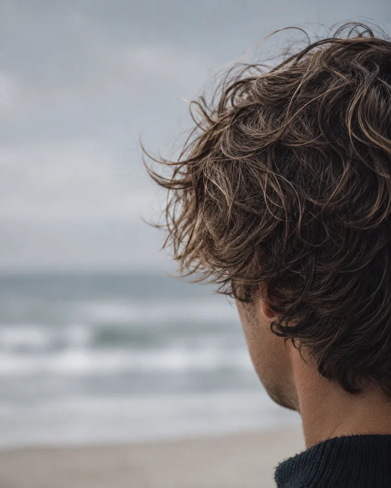 Windswept, naturally textured short hair against an overcast coast